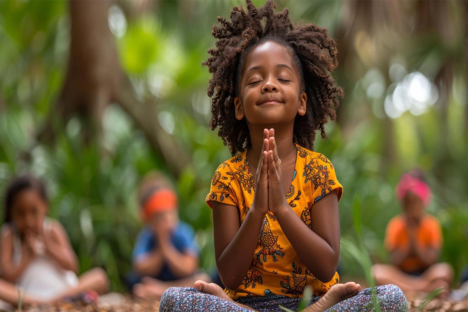 Child praying peacefully outdoors